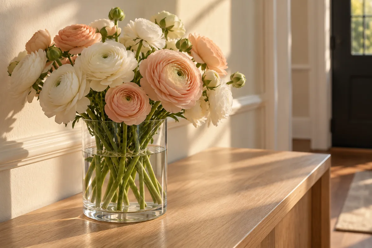 Bouquet de renoncules blanches et pêche déjà installé dans un vase en verre sur une console d’entrée en chêne clair