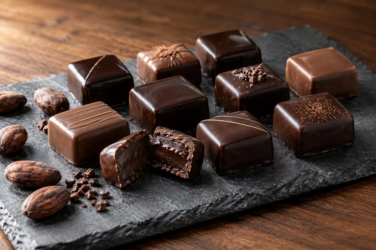 Bonbons de chocolat noirs et au lait sur une planche d’ardoise, l’un coupé en deux sur sa ganache, fèves de cacao torréfiées à côté