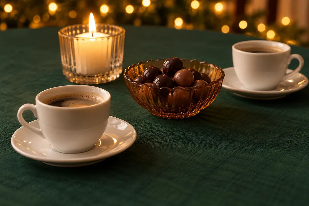 Fin de dîner de fête : deux tasses à café blanches et une coupelle de chocolats près d’une bougie allumée