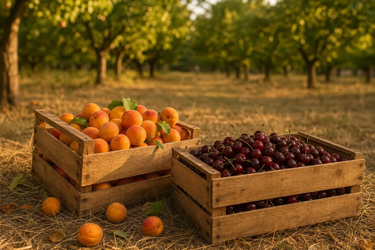 Cagettes d’abricots et de cerises fraîchement récoltés en été