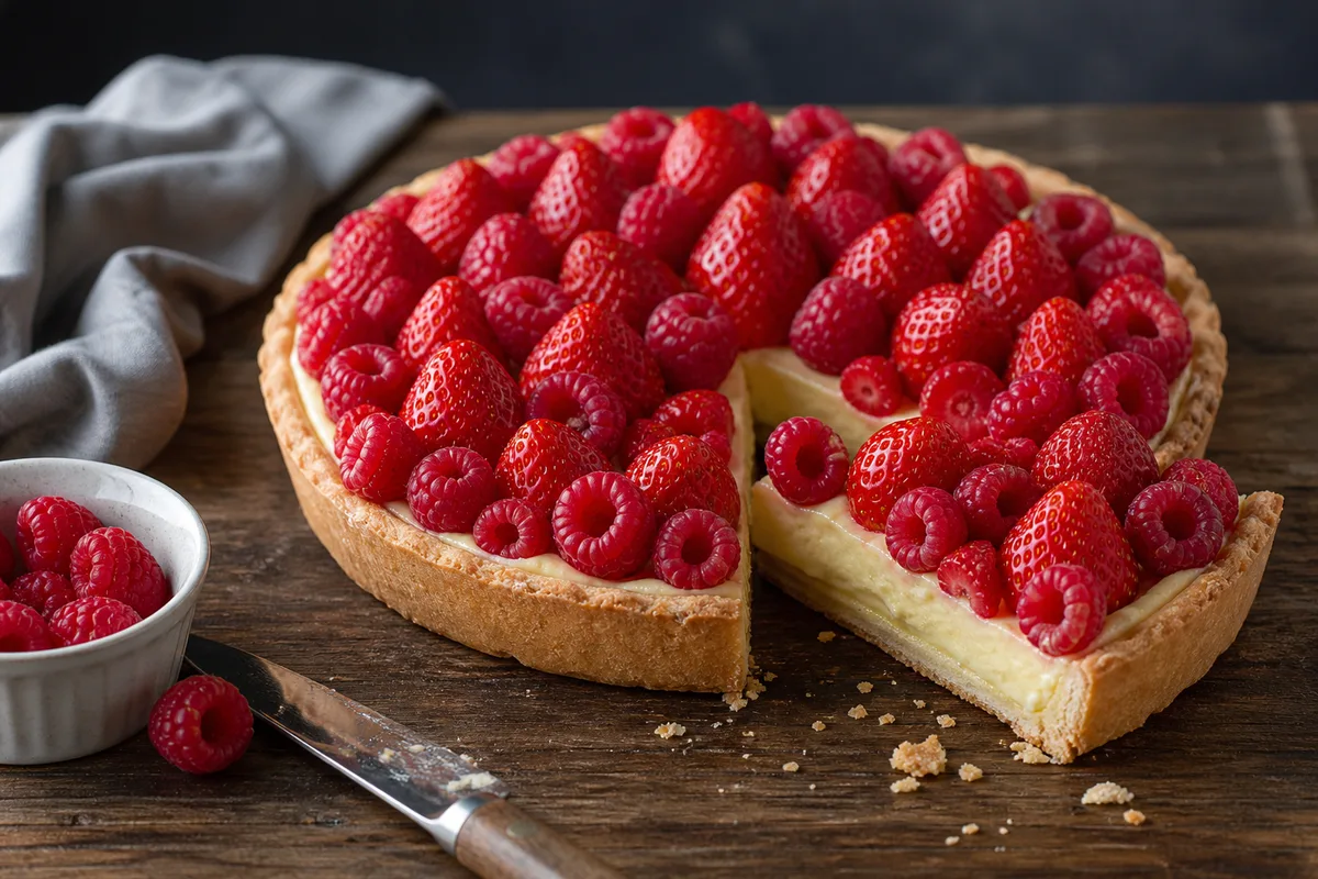Tarte aux fruits rouges de saison sur un plan de travail en bois