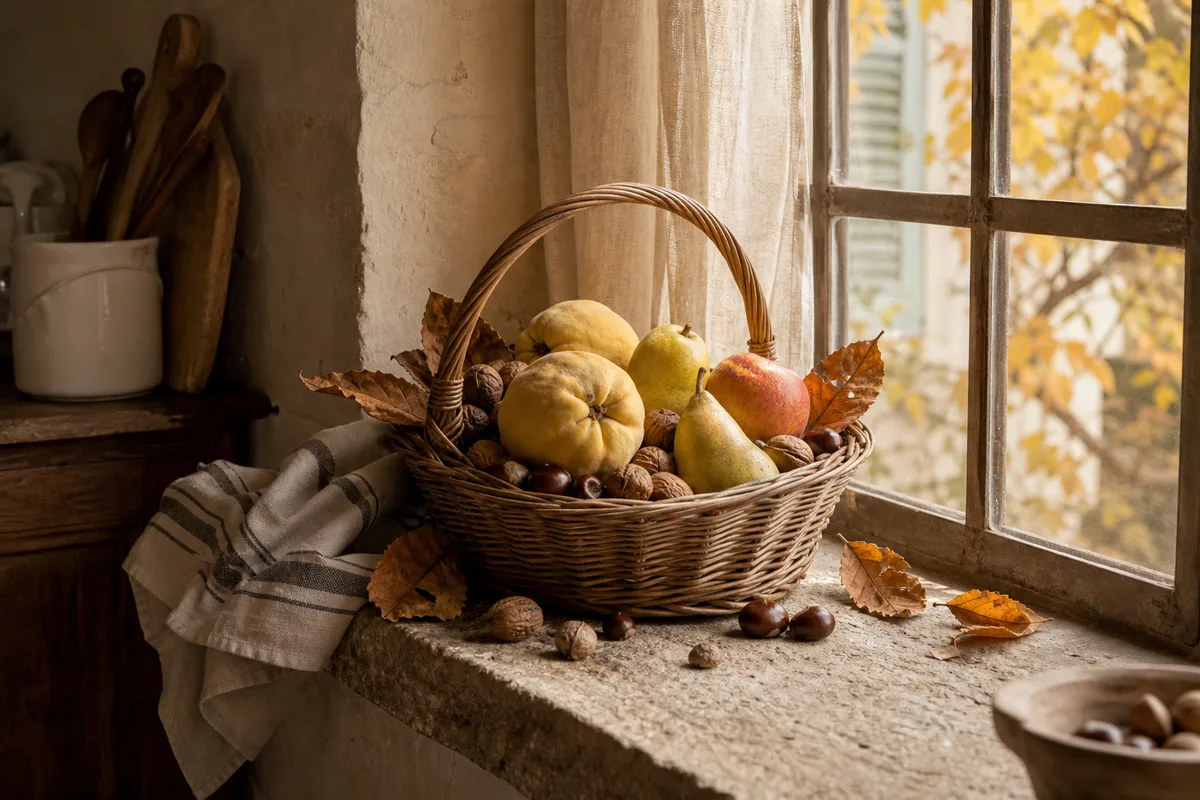 Panier de fruits d’automne posé près d’une fenêtre de cuisine