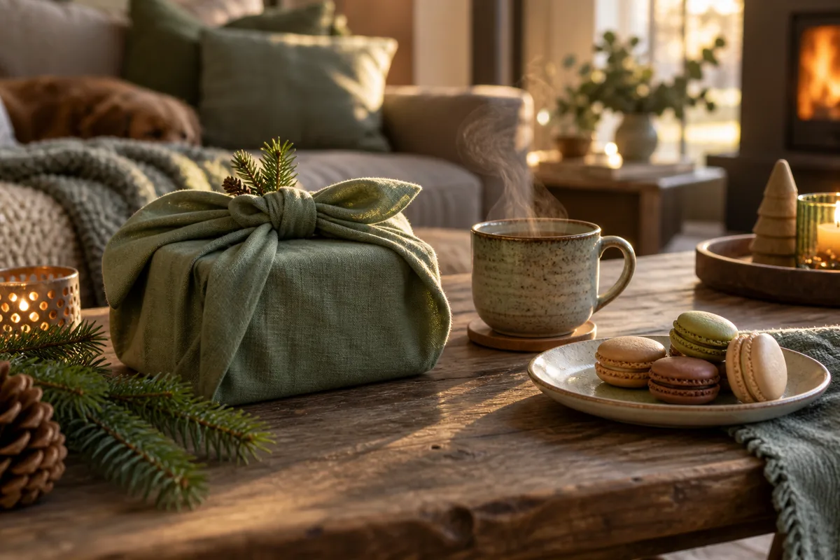 Coffret enveloppé dans un tissu uni posé près d&rsquo;une tasse de thé et de macarons