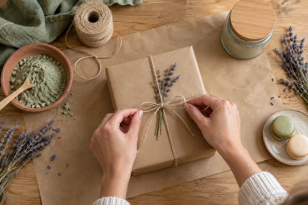 Table de composition d&rsquo;un coffret maison avec papier kraft uni, ficelle et pot en verre