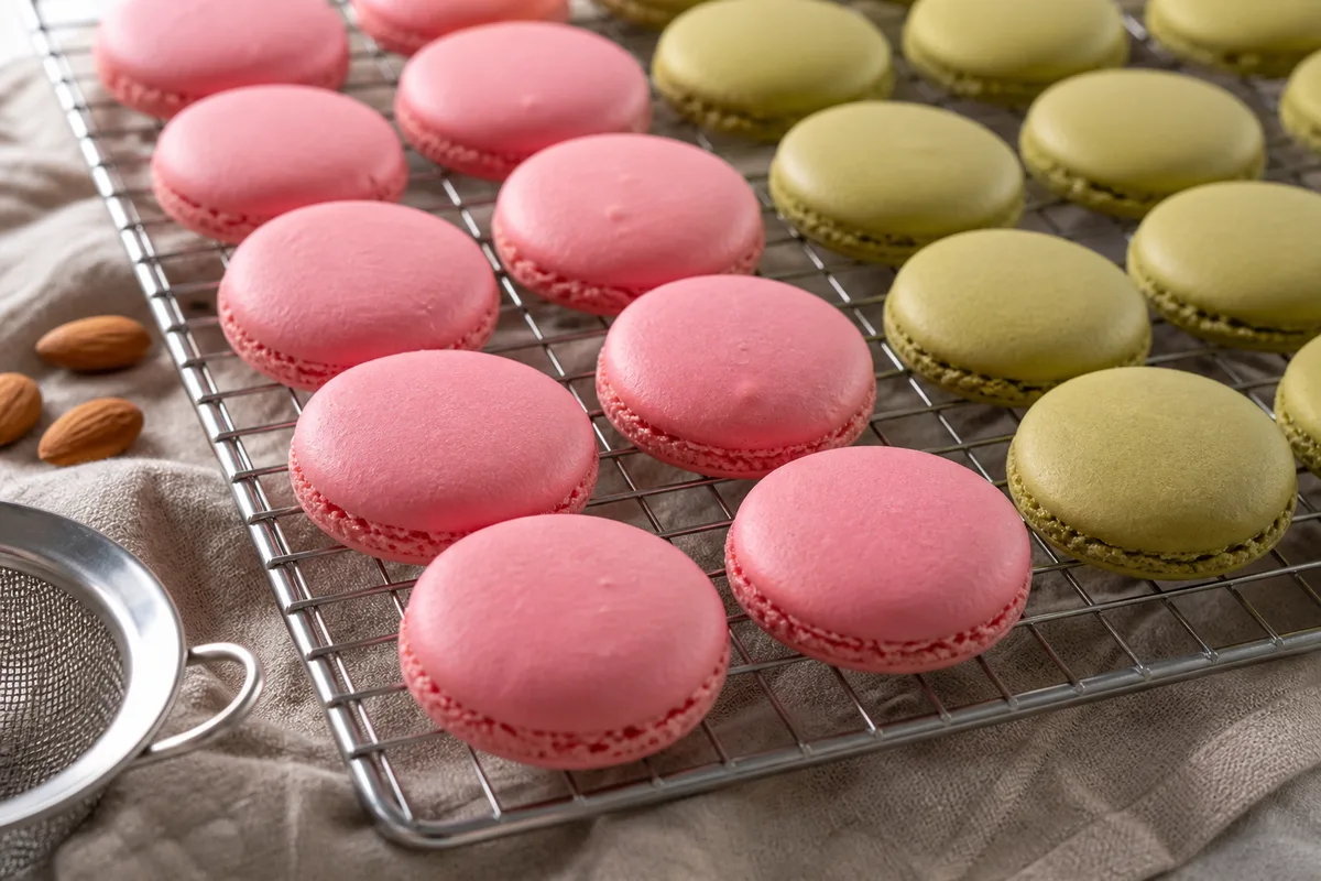 Macarons roses et pistache alignés sur une grille de refroidissement en cuisine