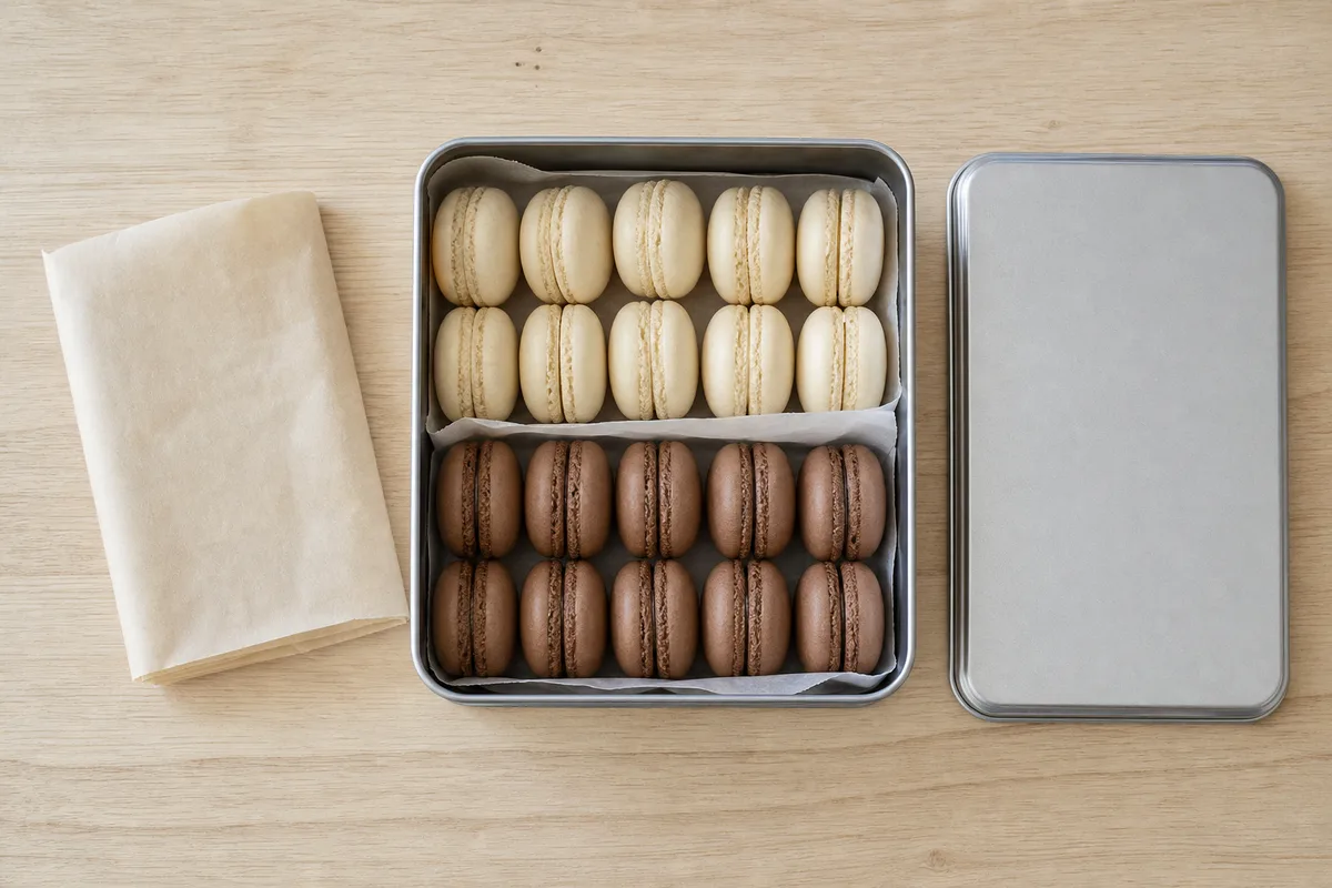 Boîte hermétique en métal ouverte avec des macarons rangés à plat sur du papier cuisson