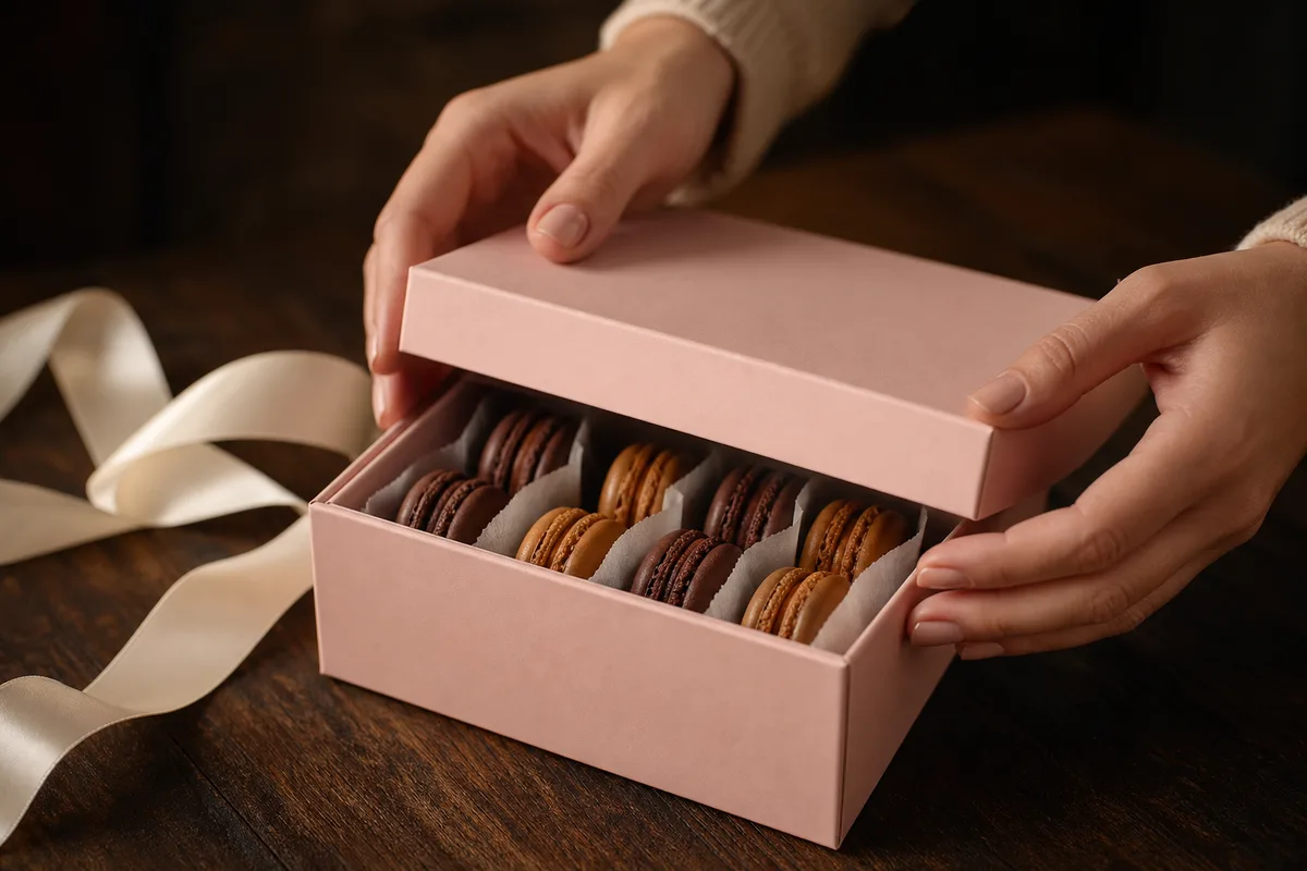 Macarons au chocolat disposés dans une boîte cadeau rigide prête pour le transport