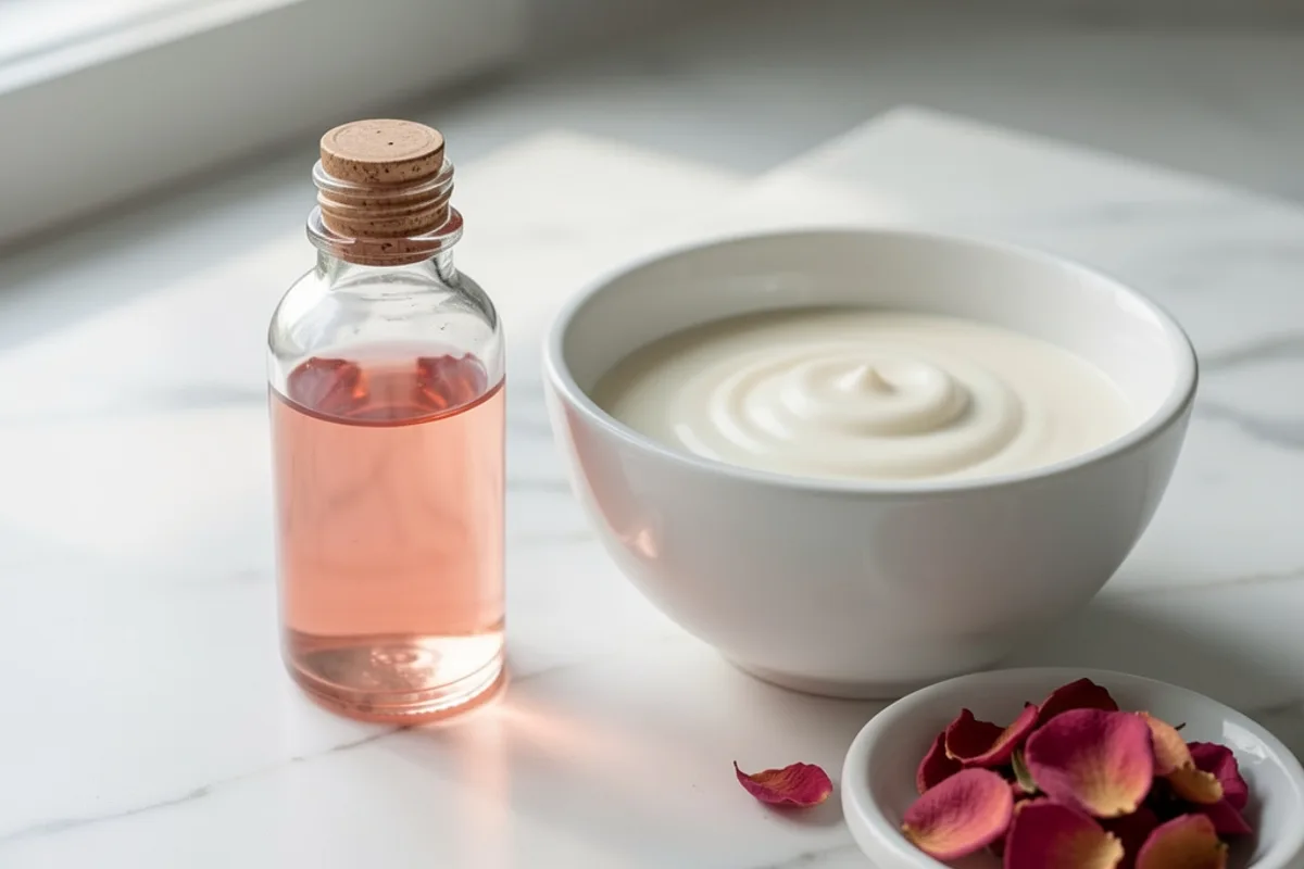 Petit flacon en verre uni d’eau de rose posé près d’un bol de ganache blanche, coupelle de pétales séchés, plan de travail en marbre clair