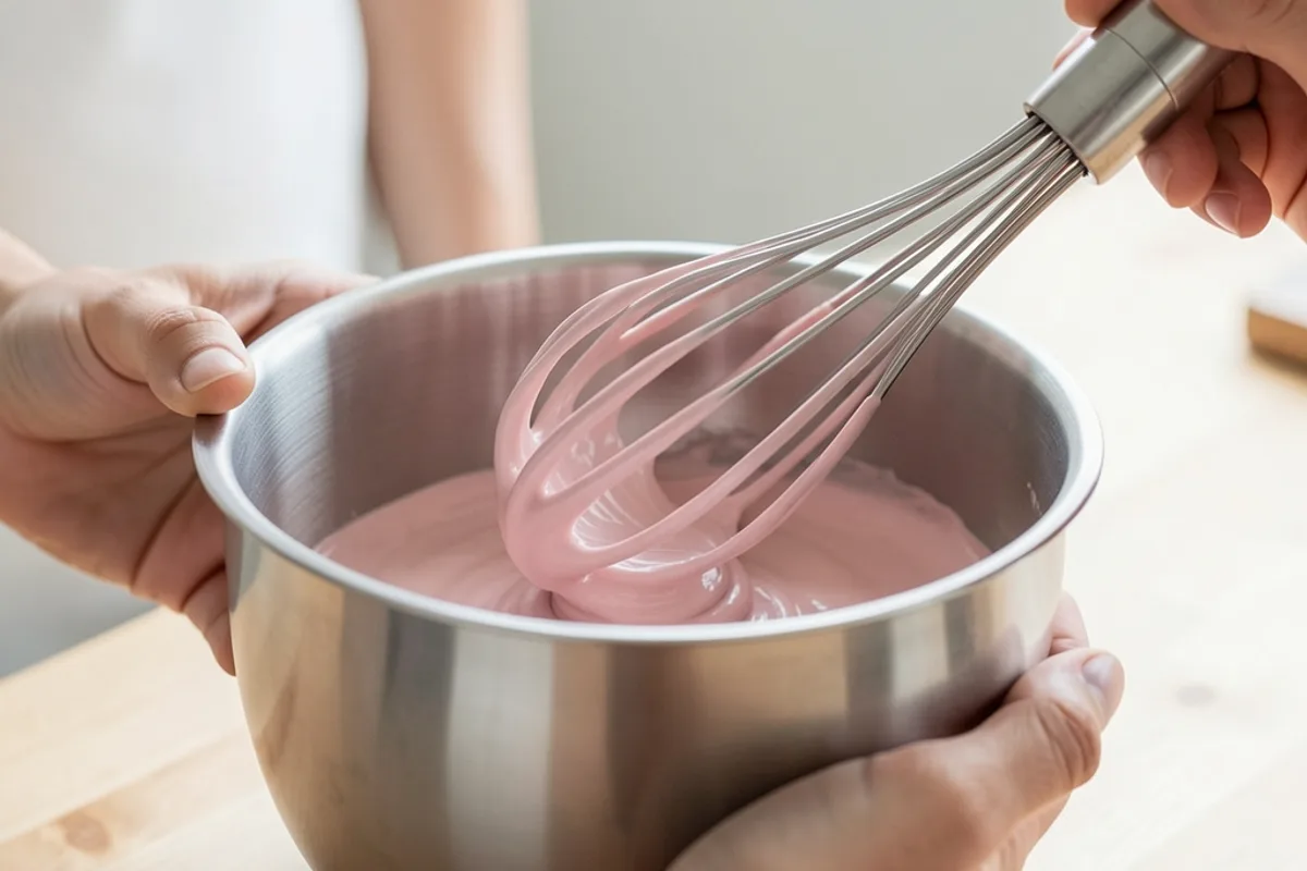 Fouet qui monte une ganache rose pâle dans un cul-de-poule en inox, texture souple visible, mains en action