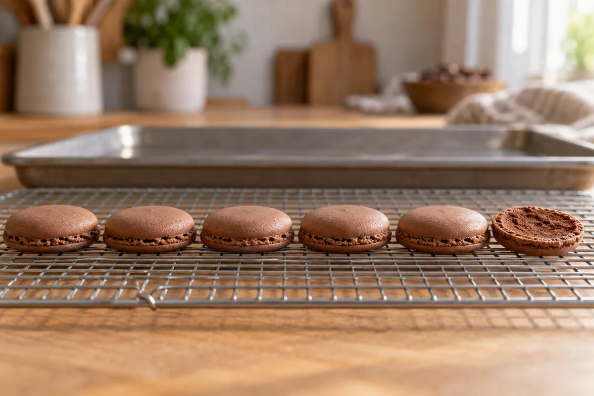 Coques de macaron cacaotées refroidissant sur une grille, collerette bien visible, lumière naturelle rasante