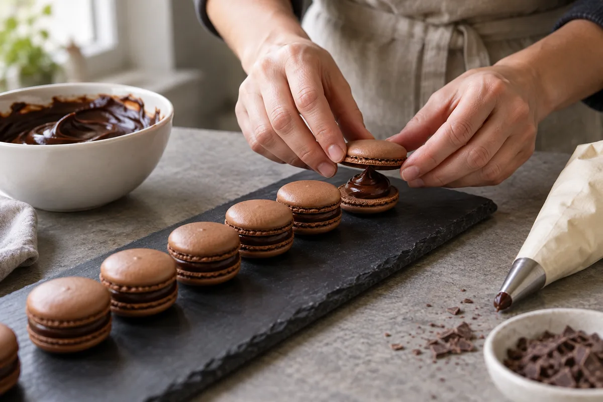 Macarons au chocolat garnis alignés sur une ardoise sombre, mains assemblant la coque supérieure