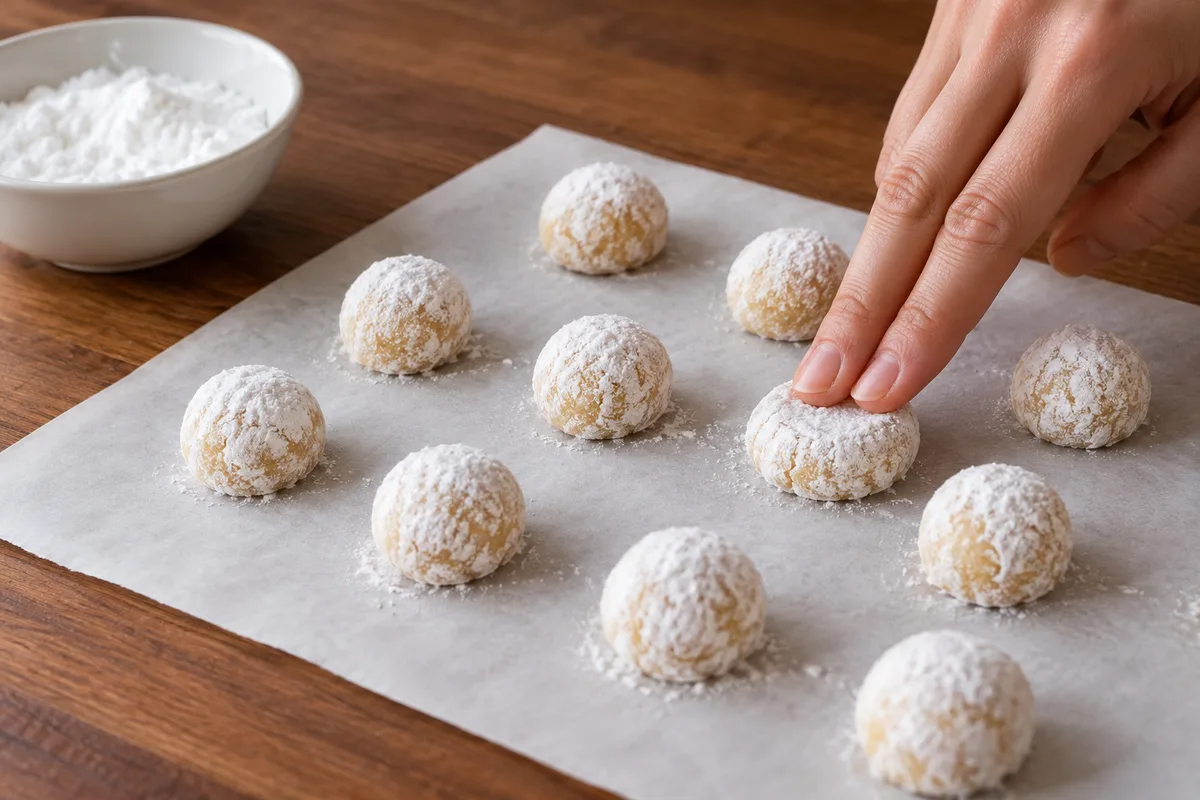 Boules de pâte d&rsquo;amande crues poudrées de sucre glace alignées en quinconce sur du papier cuisson, deux doigts aplatissant l&rsquo;une d&rsquo;elles
