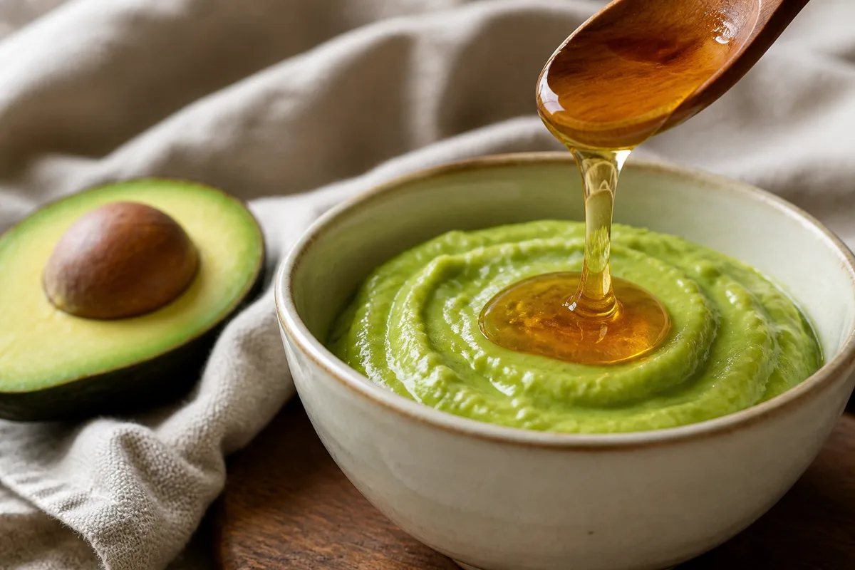 Purée d&rsquo;avocat et miel liquide mélangés dans un bol en céramique