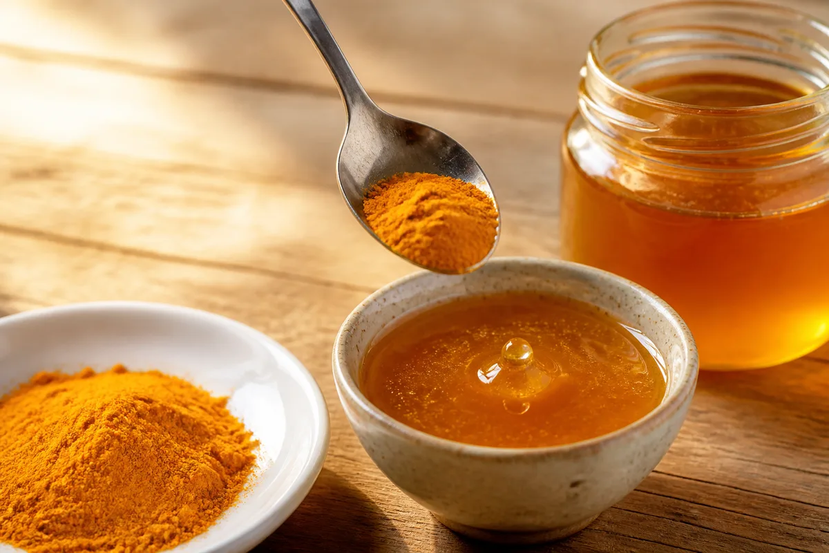 Poudre de curcuma dosée à la cuillère à côté d&rsquo;un pot de miel