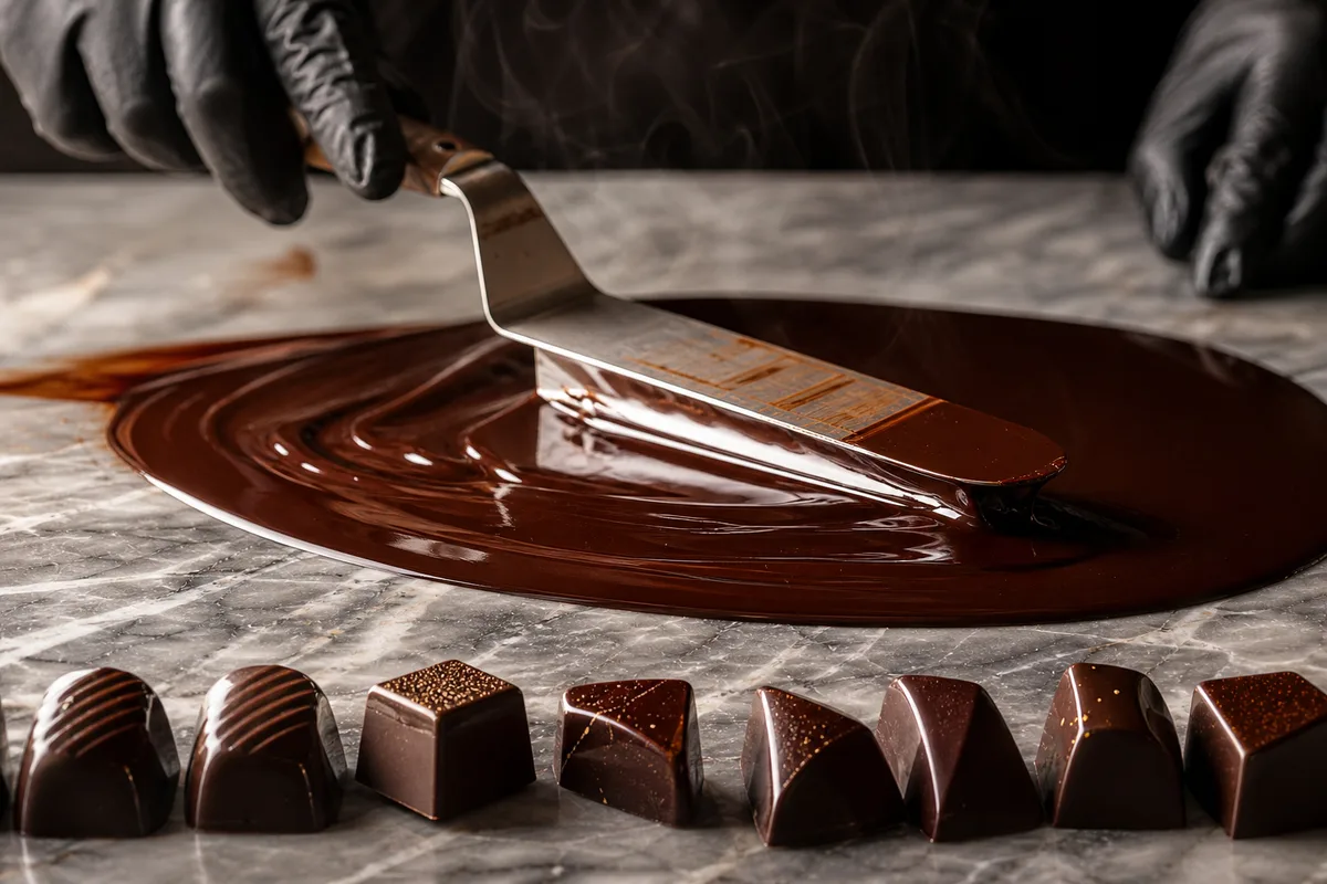 Chocolatier tempérant du chocolat noir fondu sur un plan de travail en marbre, bonbons alignés à côté