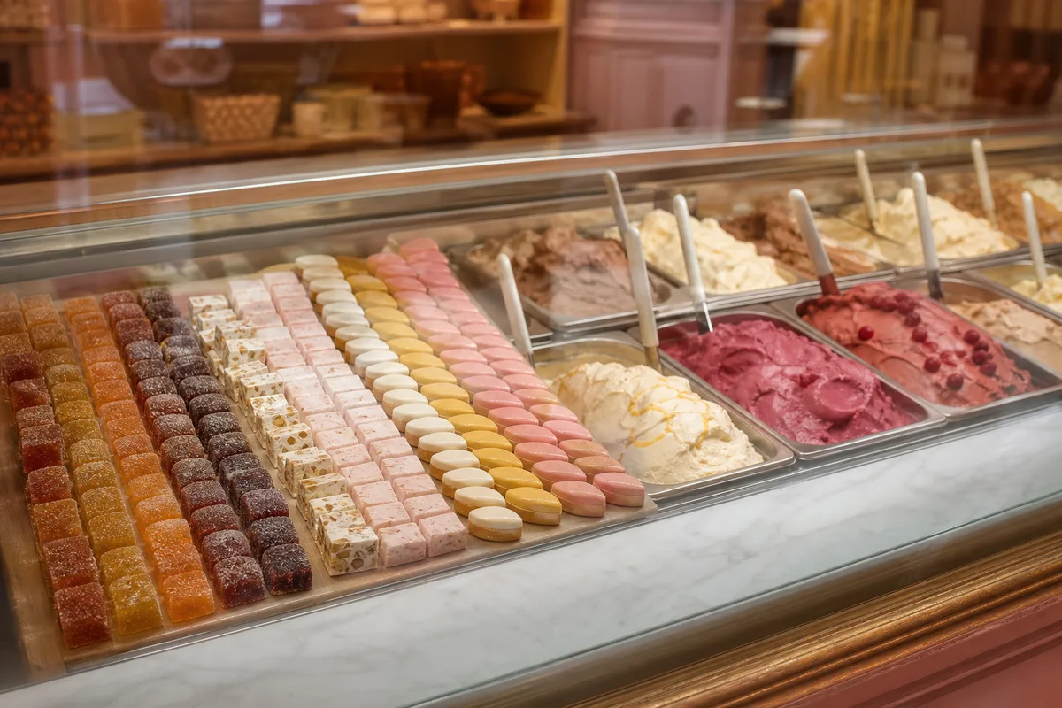 Vitrine de confiserie artisanale garnie de pâtes de fruits et de bacs de glace, éclairage chaud