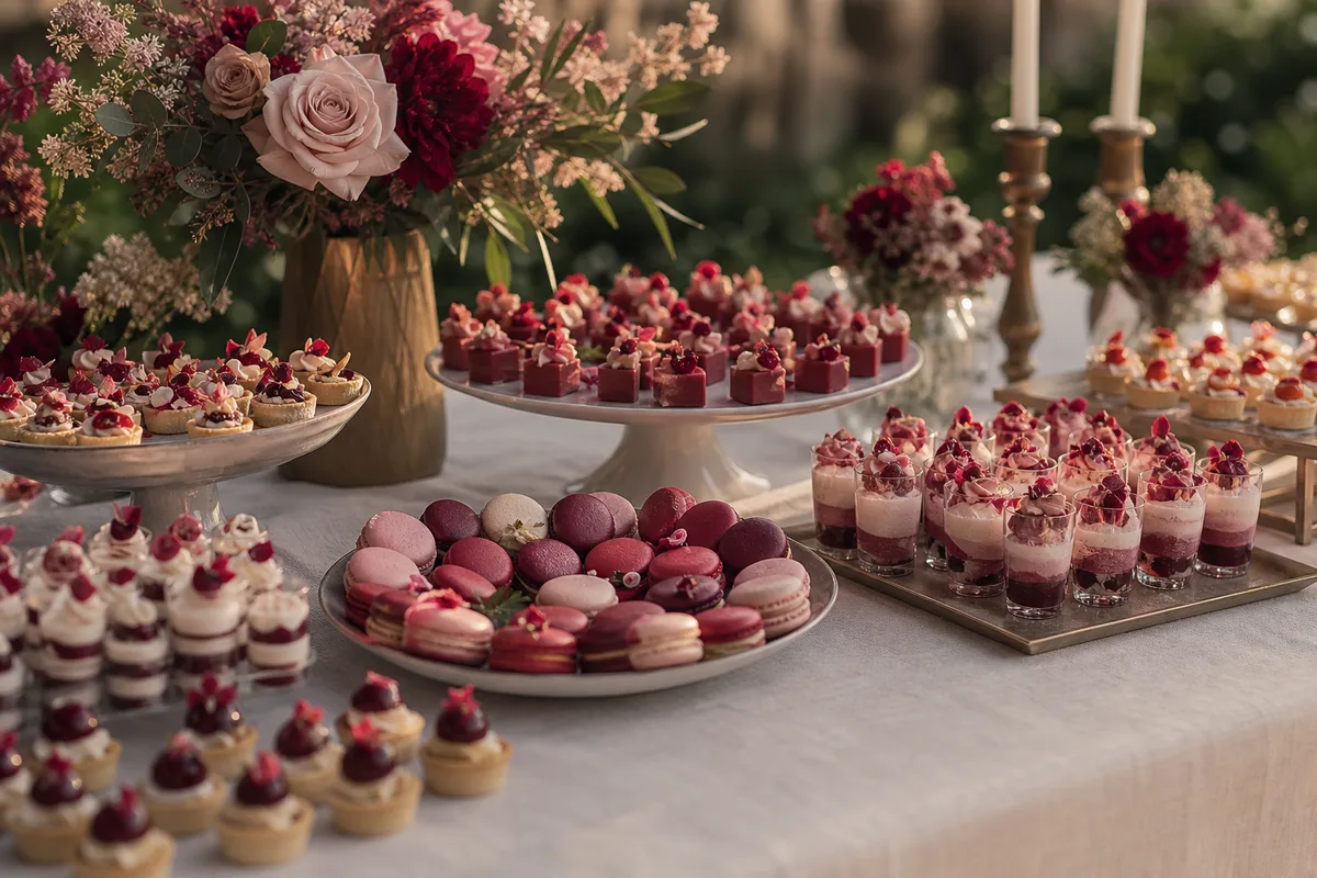 Buffet de traiteur gastronomique dressé sur une nappe claire, verrines sucrées et pièces salées disposées avec soin