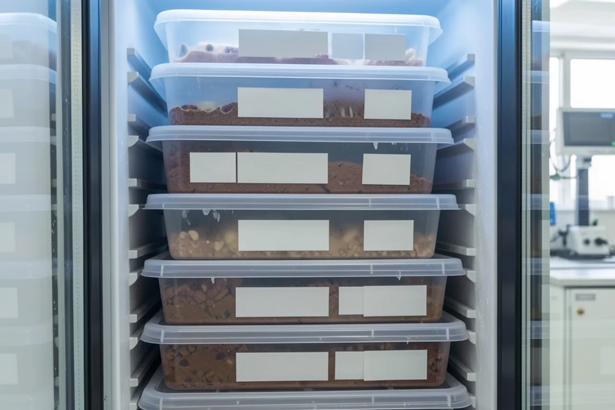 Armoire réfrigérée entrouverte avec bacs alimentaires transparents rangés par niveau dans un laboratoire