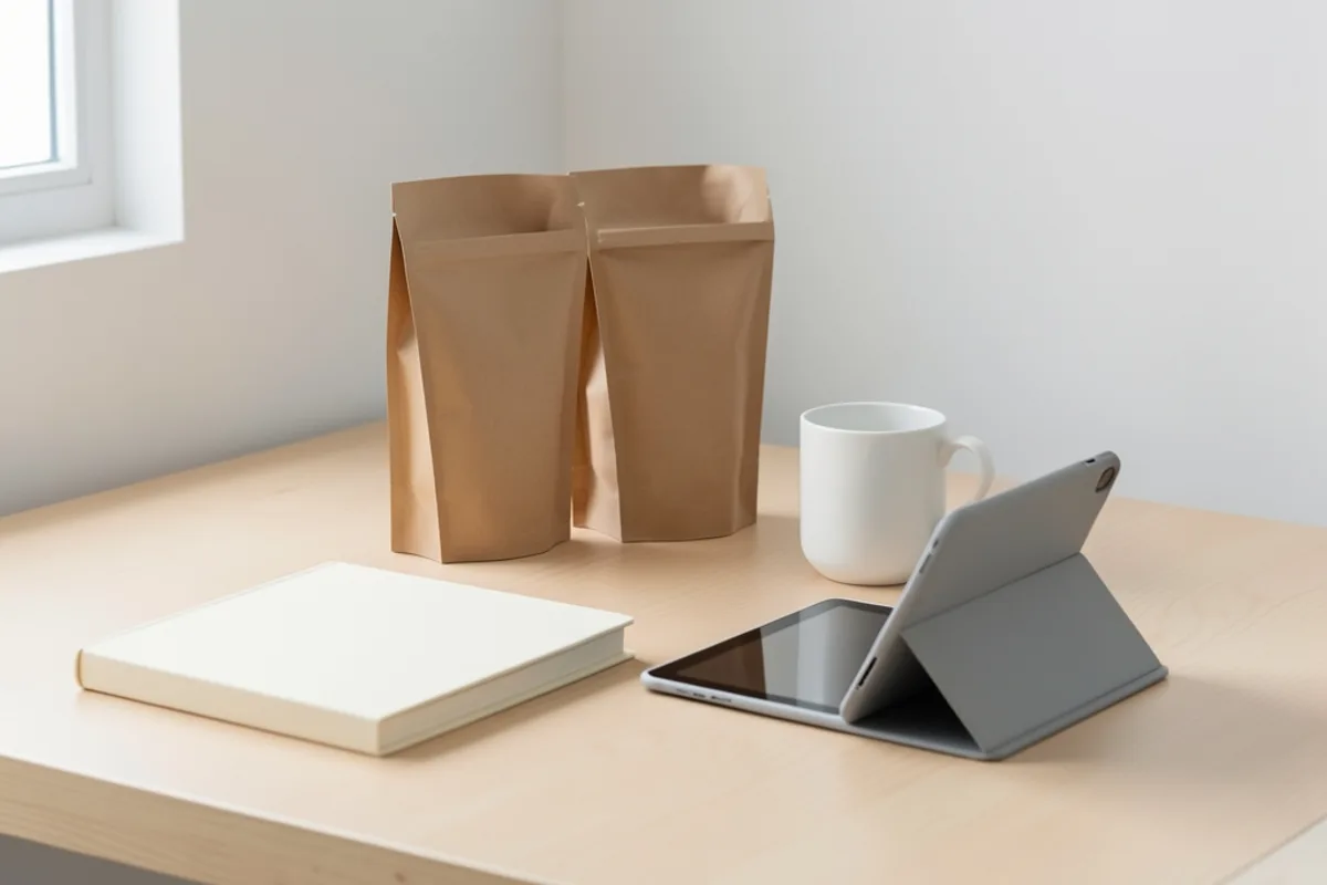 Coin bureau d’un labo de pâtisserie : cahier fermé, sachets kraft de poudre d’amande, tasse et tablette posée à l’envers