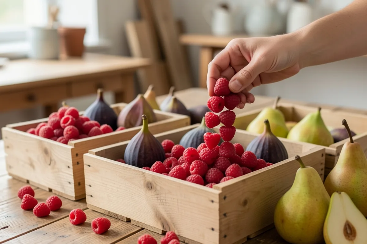 Cageots de fruits de saison posés sur une table en bois dans un atelier de pâtisserie