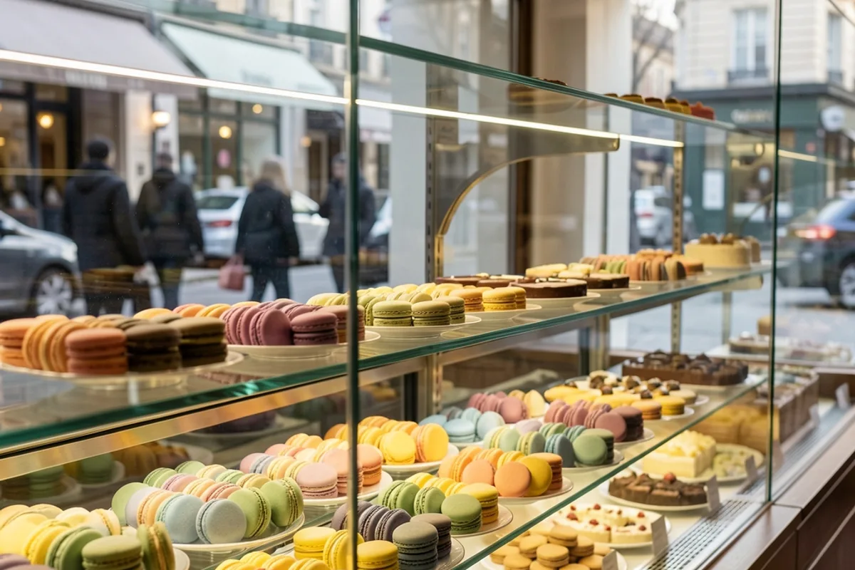 Vitrine de pâtisserie vue de l’intérieur avec plateaux de macarons alignés et reflets de la rue